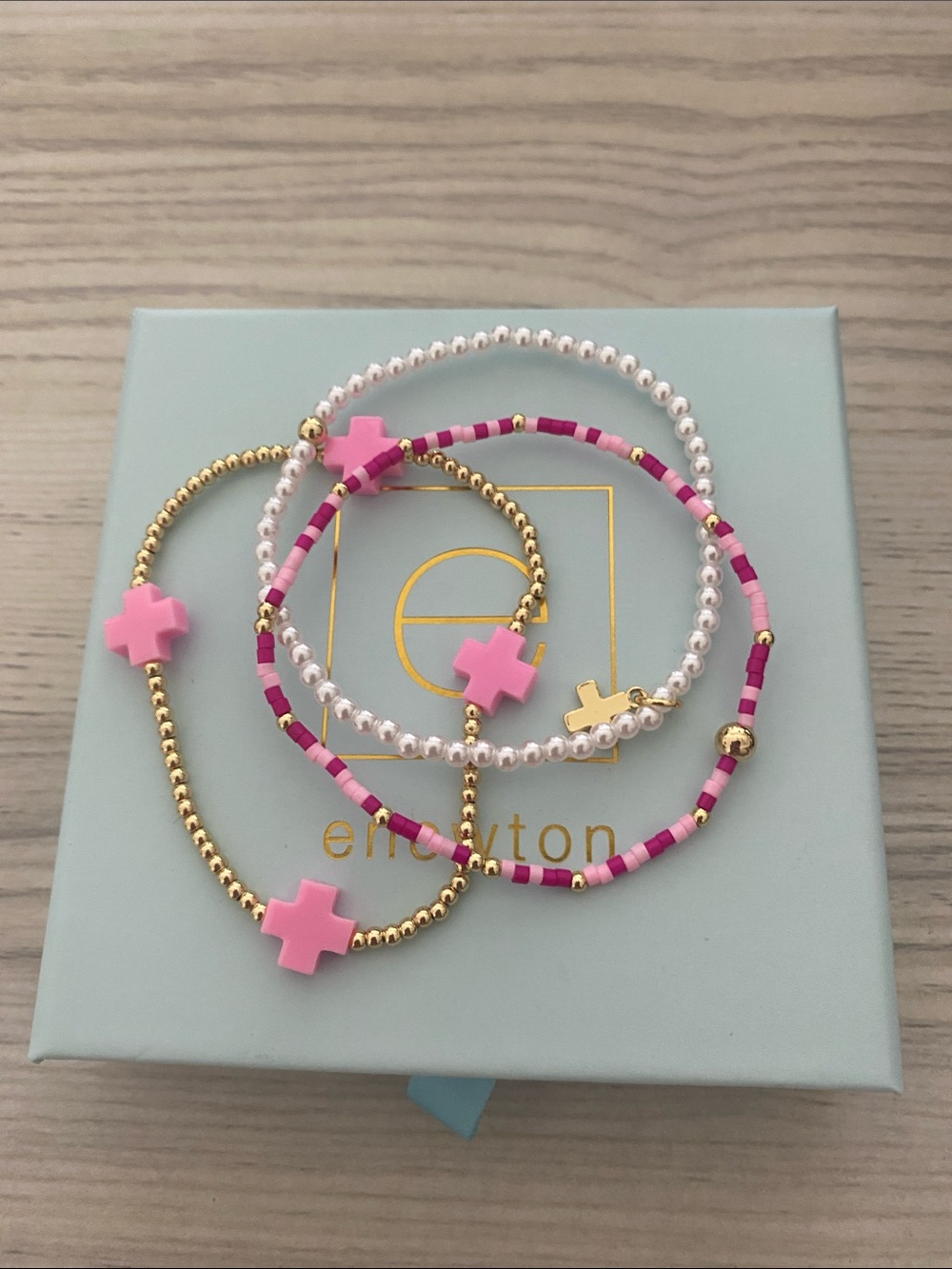Pink Cross Bead Bracelet Set with Gold and Pearl Accents